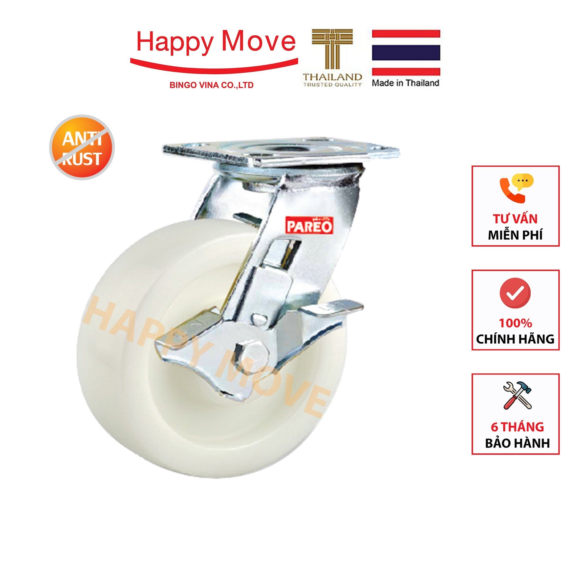 Bánh xe nylon trắng tải nặng càng Inox 304 xoay khóa đơn - 100 - 125 - 150 - 200mm - Happy Move Thái Lan