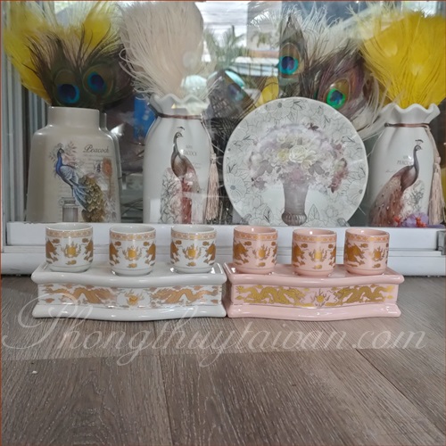 Khay 3 chum nước sứ Men rồng có khay - thờ cúng