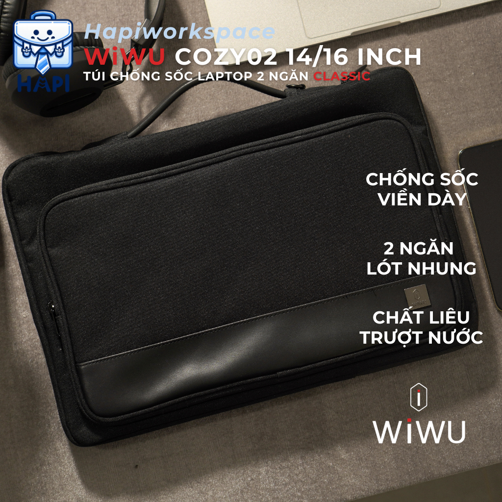 Túi chống sốc laptop 2 ngăn WiWU Cozy Classic Wi-COZY02 14/16 inch: Chống nước, lớp chống sốc dày, ngăn phụ kiện rộng rãi