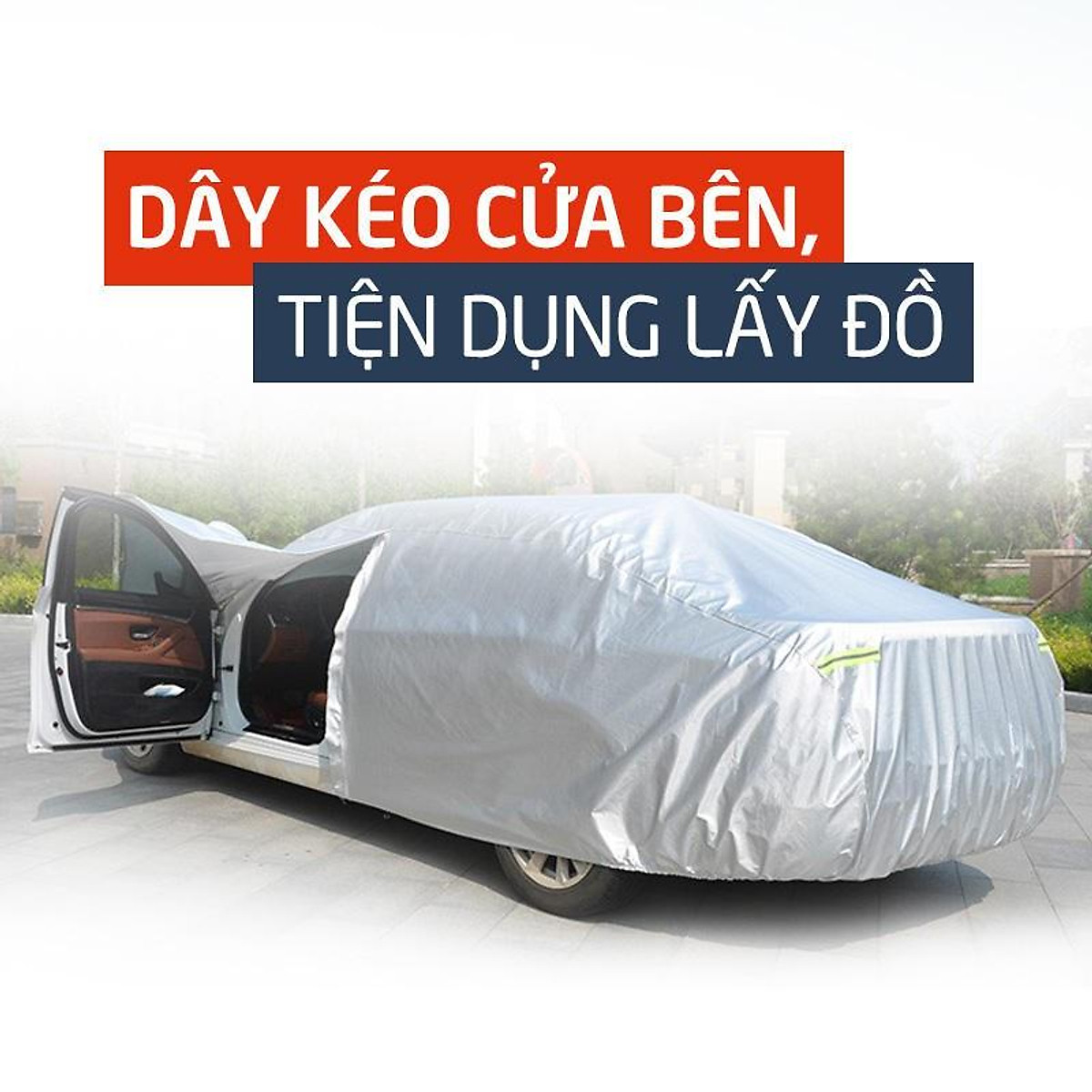 Bạt Trùm Xe Ô Tô 4 Chỗ Cao Cấp Phù Hợp Với Tất Cả Loại Xe Che Mưa Che Nắng, Hàng Chất Lượng Cao, Chất Vải Bạt Chống Thấm Nước, Có Phản Quang Ban Đêm, Có Dây Kéo Mở Cửa Tiện Lợi