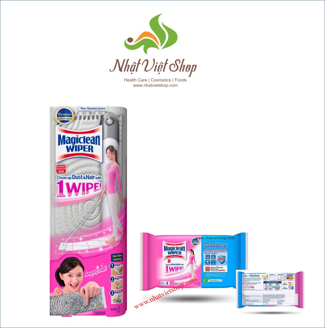 COMBO BỘ LAU SÀN MAGICLEAN WIPER WIPE &amp; MOP (Cây &amp; Giẻ Lau Sàn) và Gói giẻ lau thay thế đồng bộ