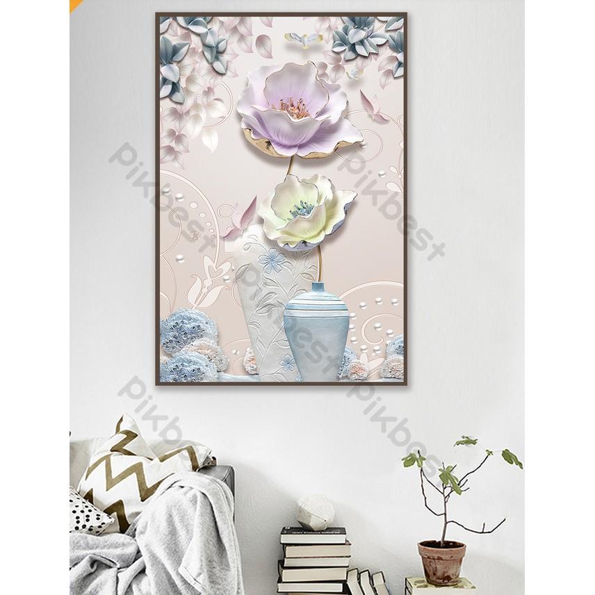 Tranh dán tường Bình hoa phù điêu sáng tạo, Tranh dán tường 3d hiện đại MS953042