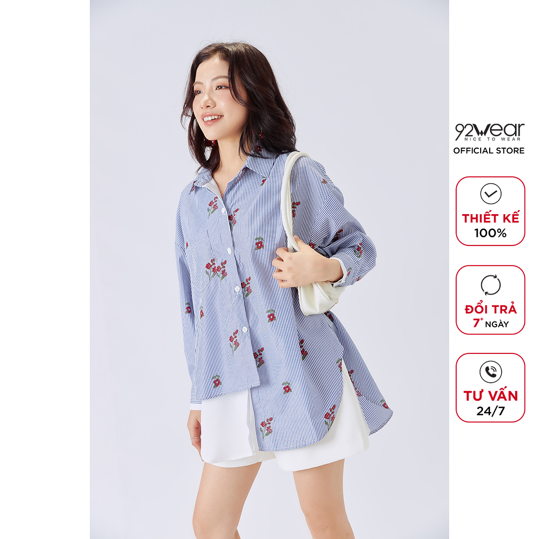 Áo sơ mi nữ dài tay 92WEAR , kẻ hoa vạt lệch  thiết kế năng động cá tính ASW1142