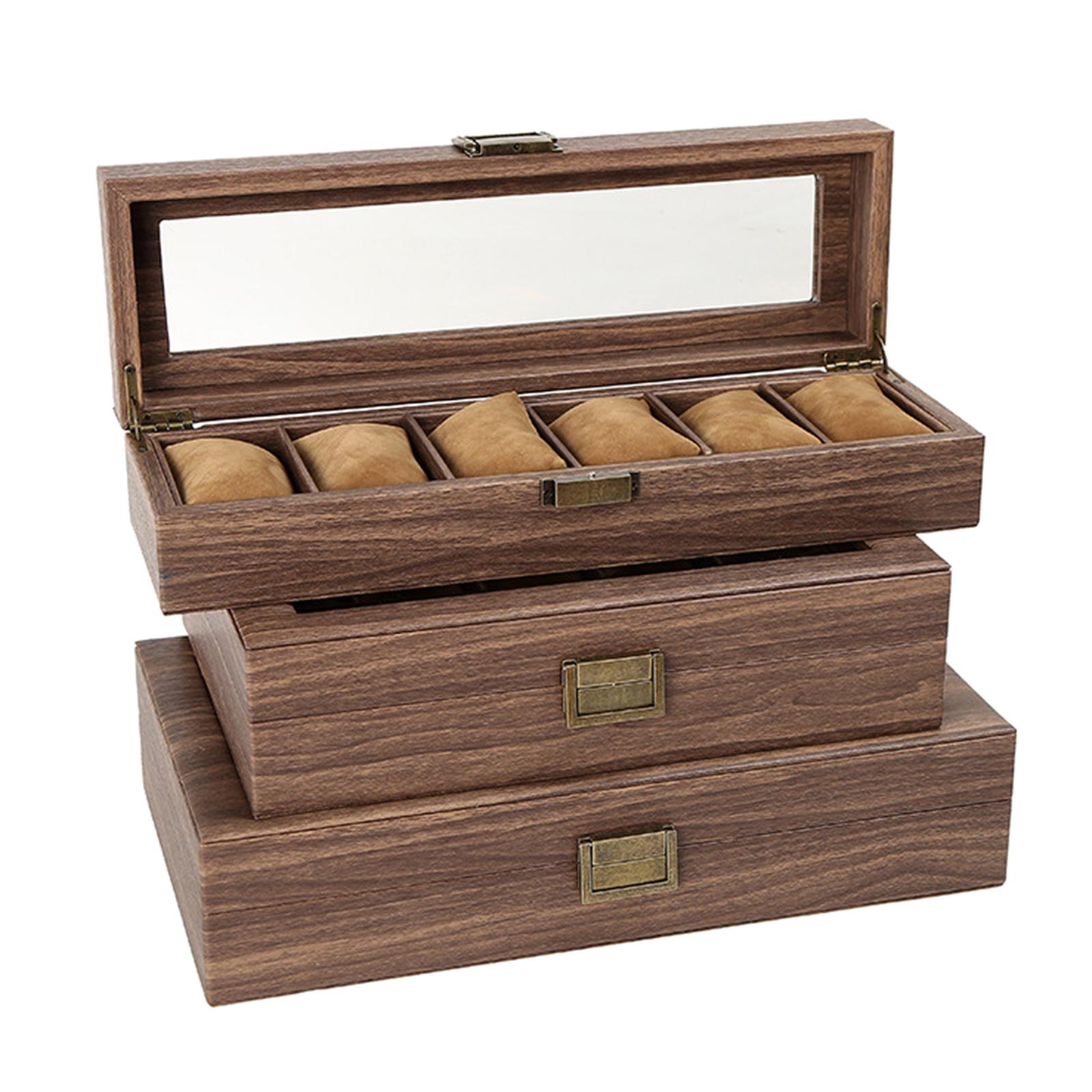 Luxury Wooden Watch Box Men Jewelry Rings Case Organizer Glass Top 6 Grid