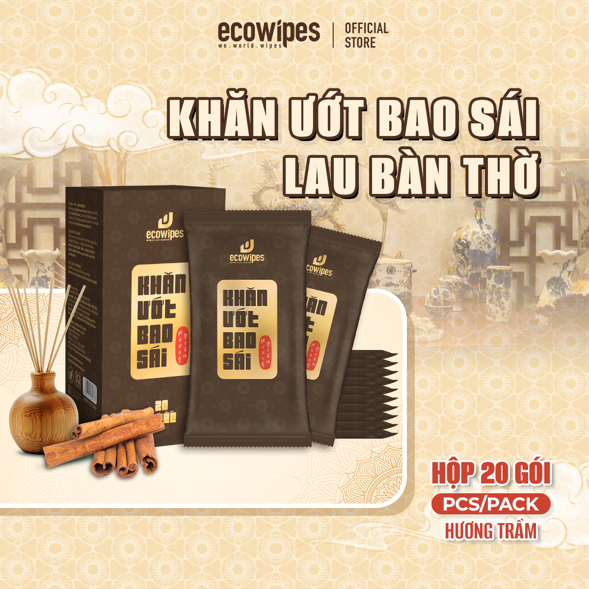 Khăn ướt bao sái lau bàn thờ EcoWipes hộp 20 gói hương trầm