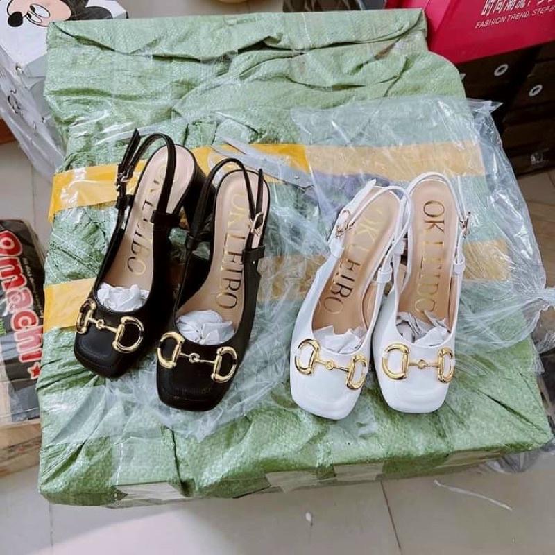 Sandal 7cm gót bọc khoá DD vàng- giày cao gót nữ bít mũi gót vuông