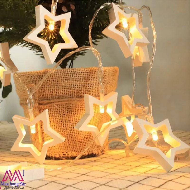 Dây đèn trang trí cắm điện hình ngôi sao khung gỗ màu vàng ấm