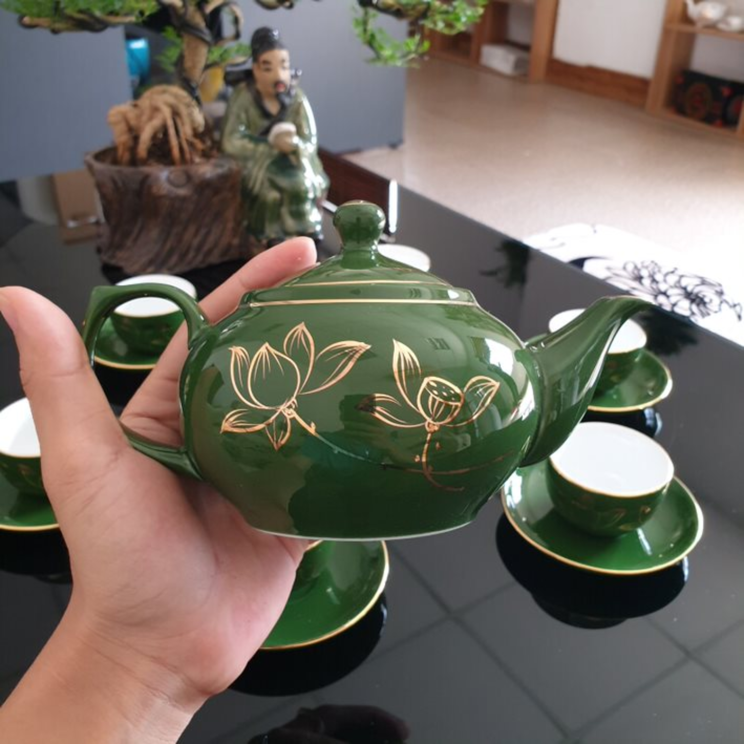 Bộ ấm chén uống trà cao cấp , bộ ấm trà Bát Tràng - bảo liên hoa