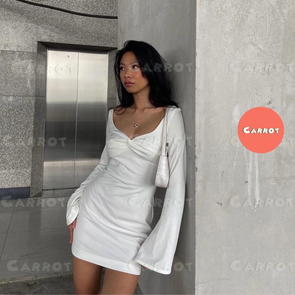 Đầm body trắng sexy tay dài dự tiệc váy dáng ôm khoét ngực soắn ngực chất thun co giãn tốt freesize carrotxinhdep