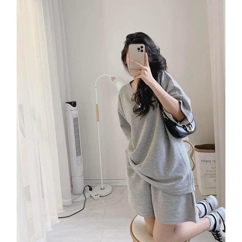 Bộ thể thao nữ mùa hè mặc nhà Form dáng rộng vải Ô xốp mềm mát màu xám xinh. MET SHOP