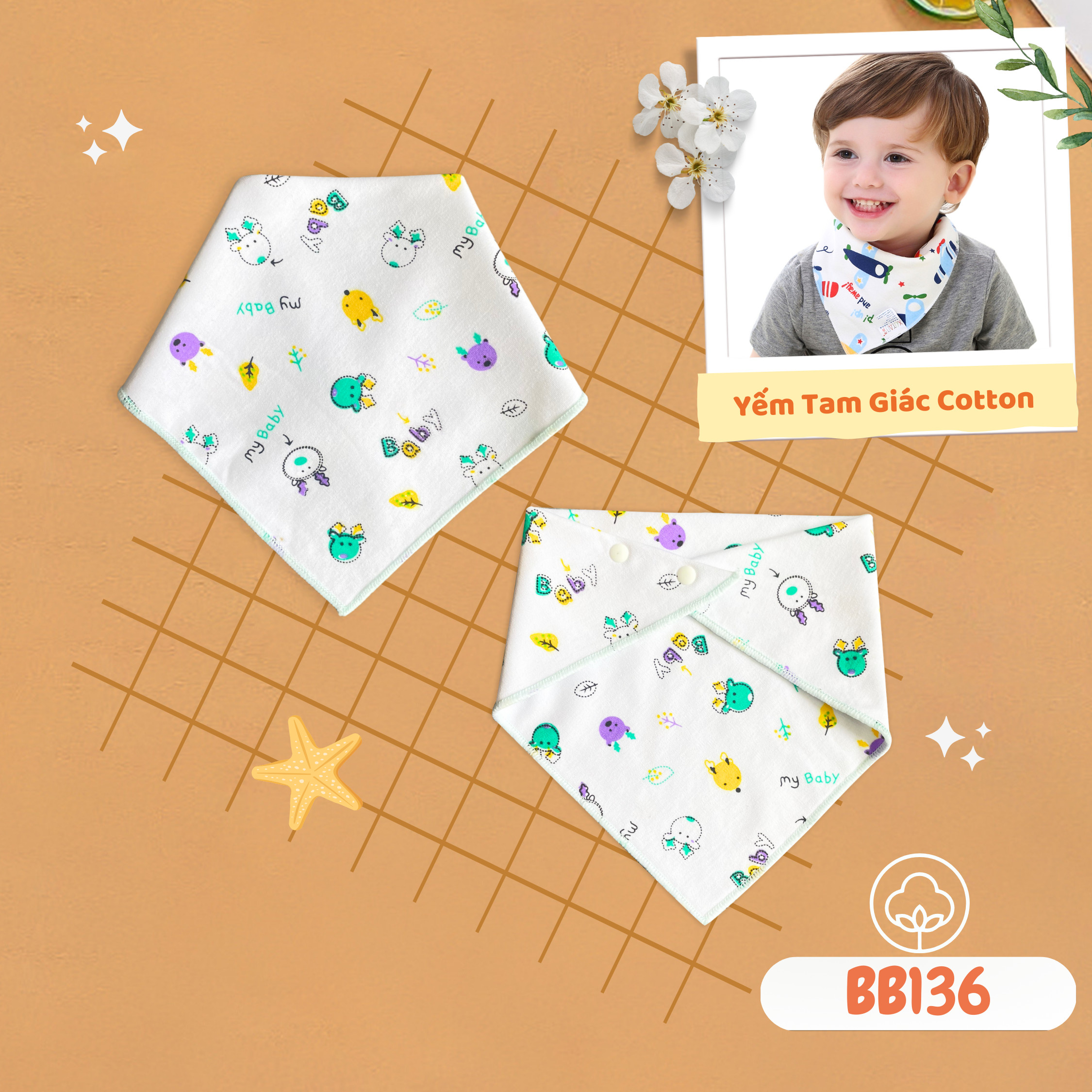 Yếm tam giác cho bé Babiboo khăn yếm cotton 2 lớp, họa tiết đáng yêu- BB136