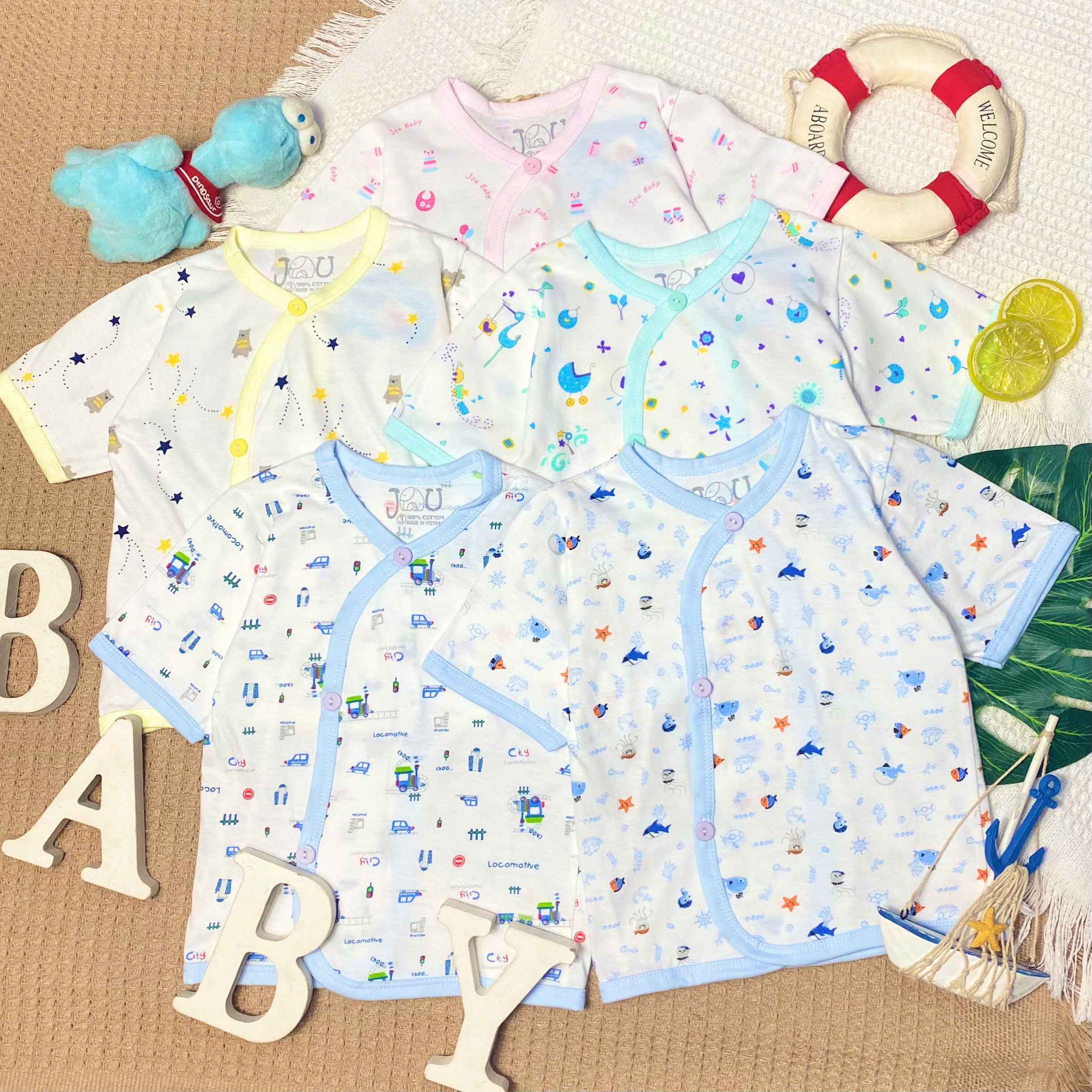 (J09TD) ÁO CÀI XÉO TAY DÀI HỌA TIẾT JOU cho bé 3-9kg - Size 2 (5-7kg)