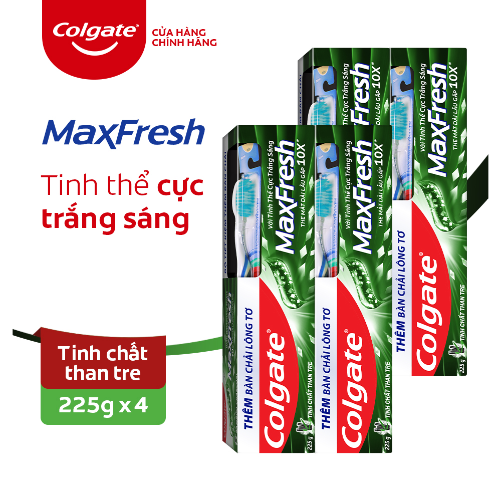 Bộ 4 Kem đánh răng Colgate Maxfresh Bamboo Charcoal 225g kèm bàn chải lông tơ phủ than