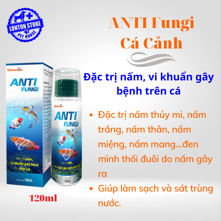 ANTI Fungi Vemedim - Phòng và xủ lý nấm gây hai trên cá cảnh (an toàn cho cá Koi), chai 120ml