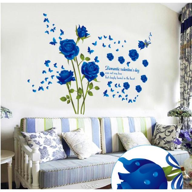 Decal trang trí tường - Hoa Hồng Xanh Biển đậm xinh lung linh