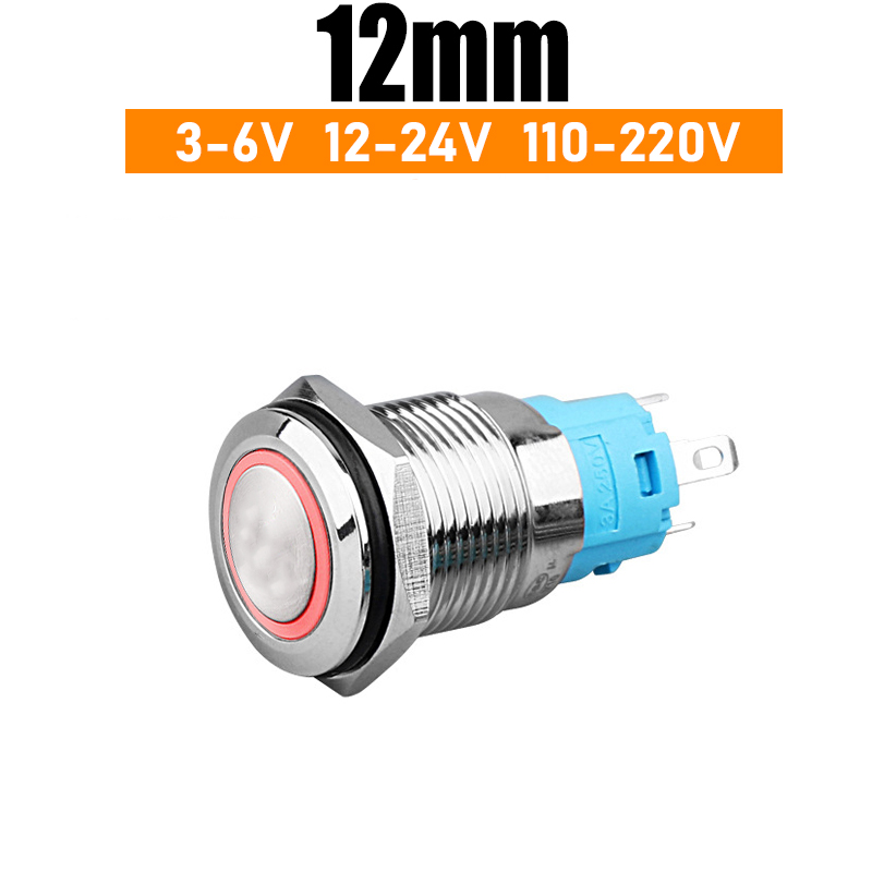 Nút nhấn Reset, Công tắc nhấn tự nhả 12mm (12-24V 110-220V) Có đèn LED, Vỏ INOX chống thấm nước