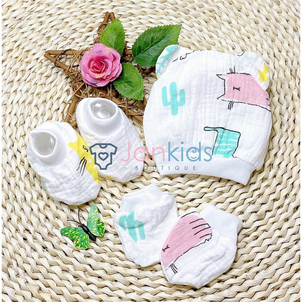 Set bao tay bao chân và mũ đội đầu sơ sinh cho bé chất vải xô mềm mại