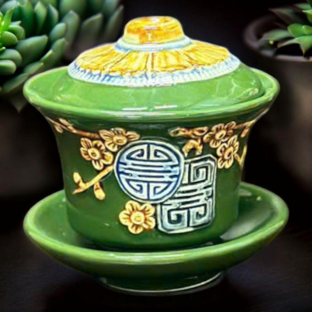 Bát Sâm Đắp Nổi Đào Thọ Bát Tràng Men Xanh Lá - Tinh Hoa Gốm Sứ Việt Chạm Khắc Độc Đáo