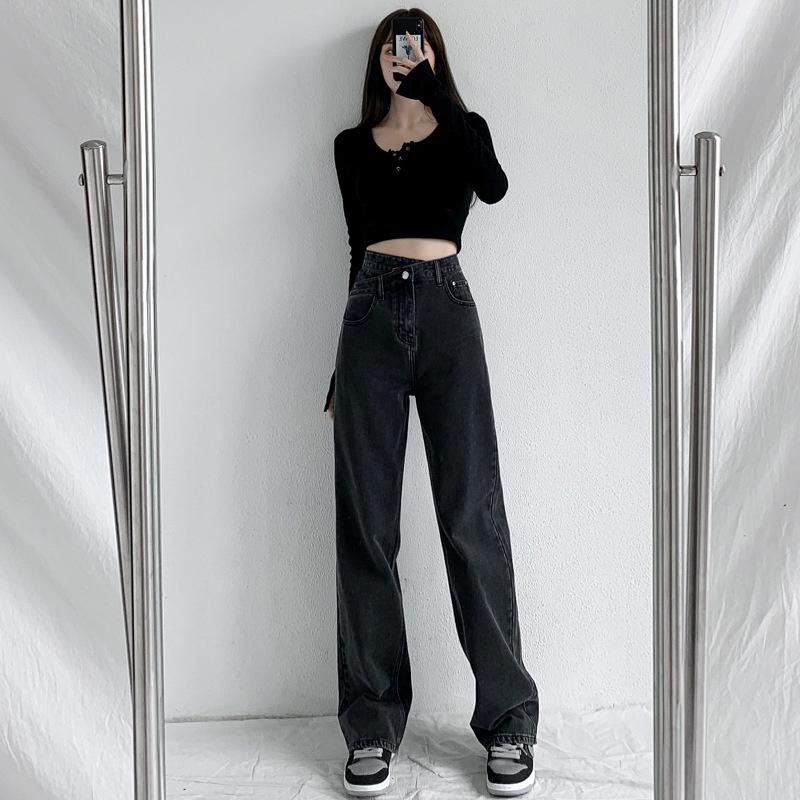 Quần jean nữ lưng cao ống rộng cạp chéo dáng suông CHERRY, quần bò nữ ống đứng ulzzang vải bò dày đẹp không giãn T018