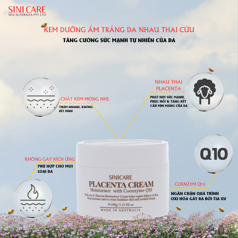 Kem dưỡng làm trắng da nhau thai cừu SINICARE Placenta CREAM MOISTURISER WITH COENZYME Q10 100ml