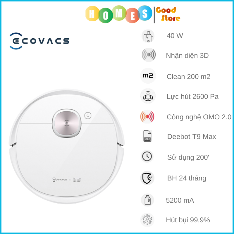 Robot Hút Bụi Lau Nhà ECOVACS Deebot T9 Plus - Bản Quốc Tế Kết Nối App Công nghệ OZMO 2.0 Và Khử Mùi Lực Hút 3000 Pa, Phù Hợp Diện Tích 200m2, Công Suất 40 W - Hàng Chính Hãng