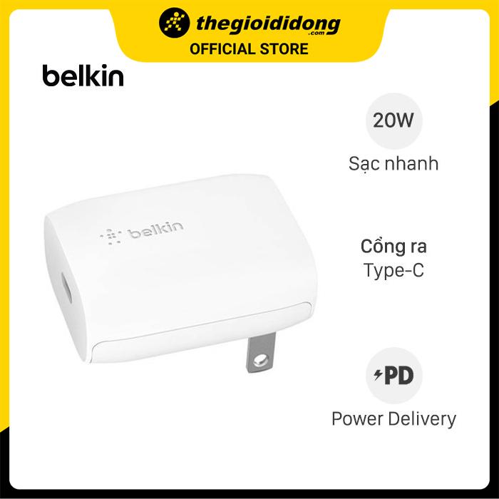 Adapter sạc Type C PD 20W Belkin WCA003 Trắng - Hàng chính hãng