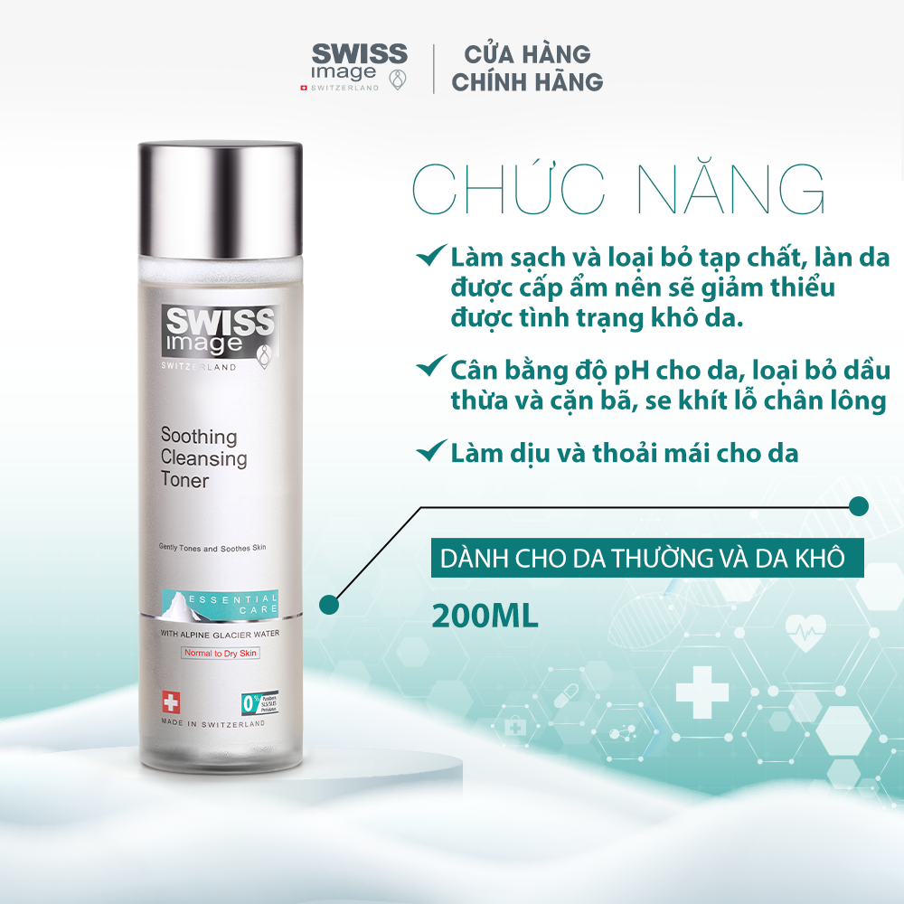 Nước hoa hồng dịu da cấp ẩm dành cho da thường và da khô Swiss Image Soothing Cleansing Toner 200ml