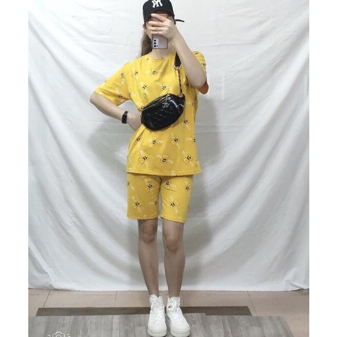Bộ mặc nhà nữ chất cotton hình gấu kute áo cộc quần đùi ngố