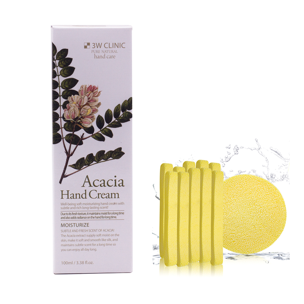 Kem dưỡng da tay thảo mộc Hàn Quốc cao cấp 3W Clinic Acacia Hand Cream (100ml) + Tặng Bông Bọt Biển Massage Mặt Cao Cấp Hàn Quốc Mira (6 miếng/bịch) – Hàng Chính Hãng