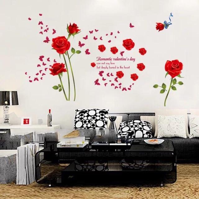 Decal trang trí tường - Bộ Hoa hồng lớn và Cây Tình Yêu đỏ