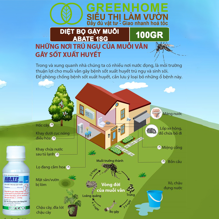 Chế Phẩm Diệt Bọ Gậy, Muỗi Greenhome, Abate 1SG, Chai 100Gr, Ngắn Ngừa Bệnh Sốt Xuất Huyết, Sốt Rét