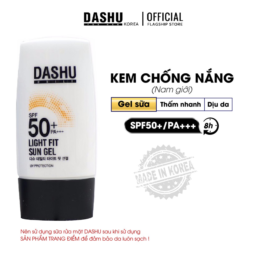 Kem chống nắng vật lý dạng Gel Dashu Daily Light Fit Sun Gel SPF50+ PA+++ 50ml không bám dính, triết xuất từ thiên nhiên không gây kích ứng trên da nhạy cảm, chứa Titanium Dioxide chống tia cực tim, tia UV, khói bụi mịn, kim loại nặng.