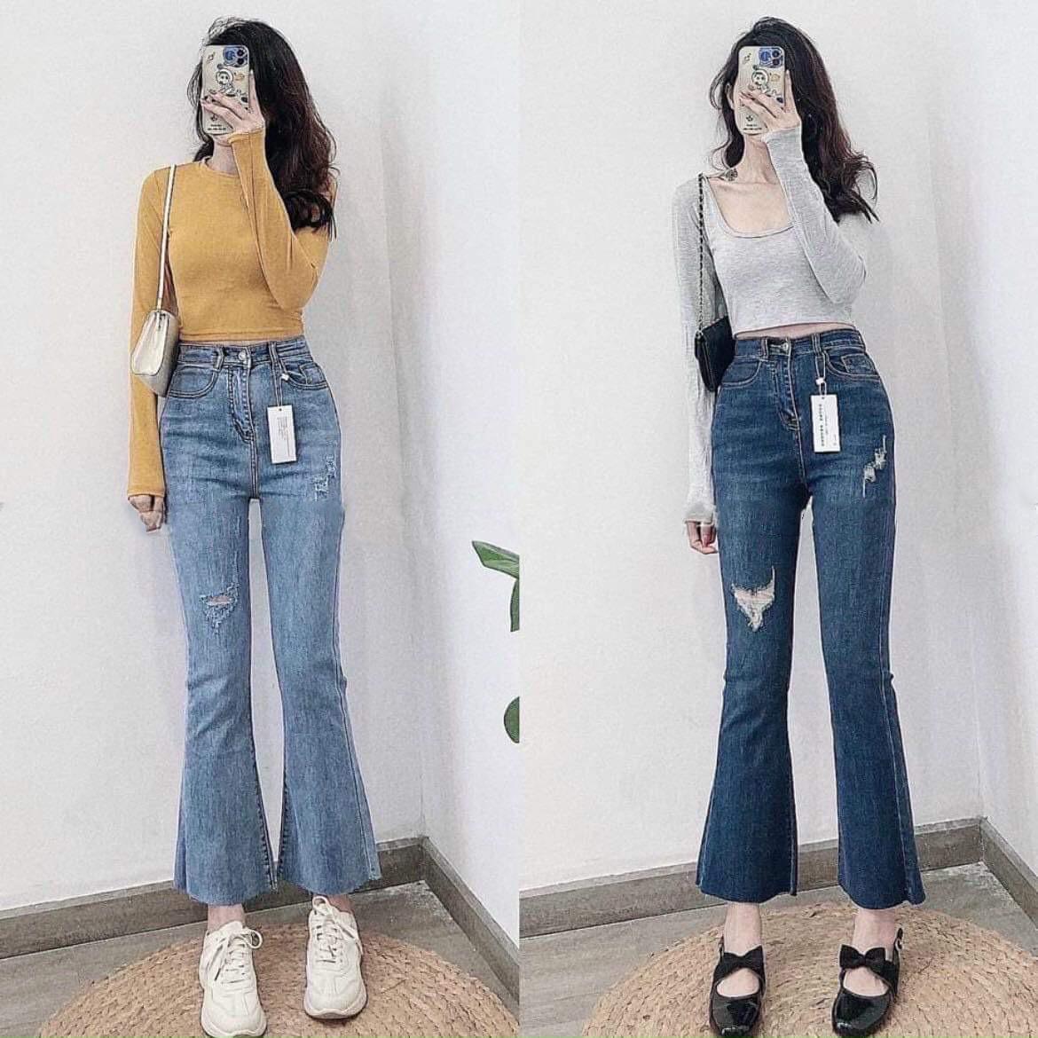 Quần Jean Ống Loe 9 Tấc Rách Gối - Leda