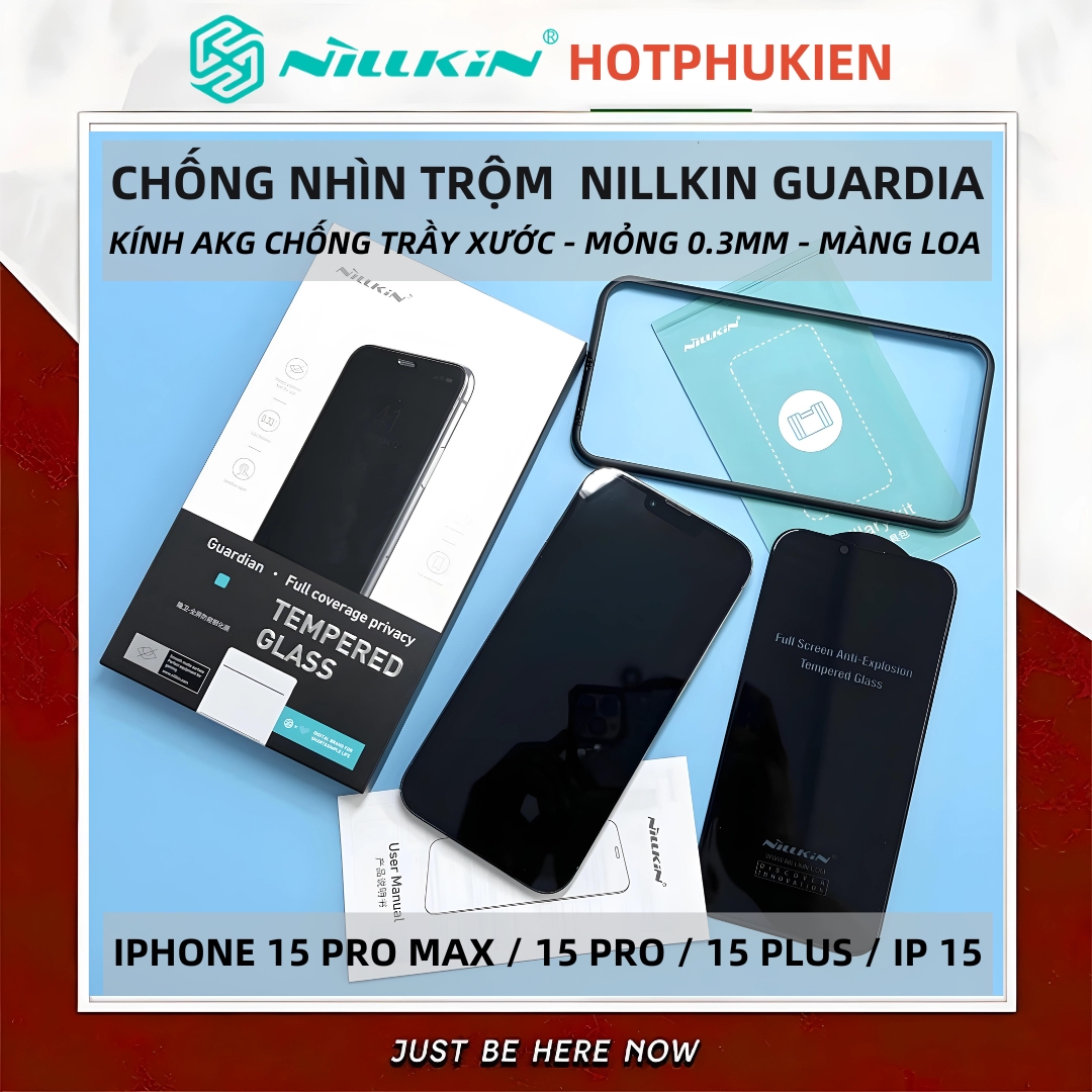 Dán kính cường lực chống nhìn trộm màn hình cho iPhone 15 / 15 Plus / 15 Pro / 15 Pro Max hiệu Nillkin Guardiant - Vát cạnh 2.5D, Phủ nano hạn chế vân tay, màng loa chống bụi - Hàng nhập khẩu