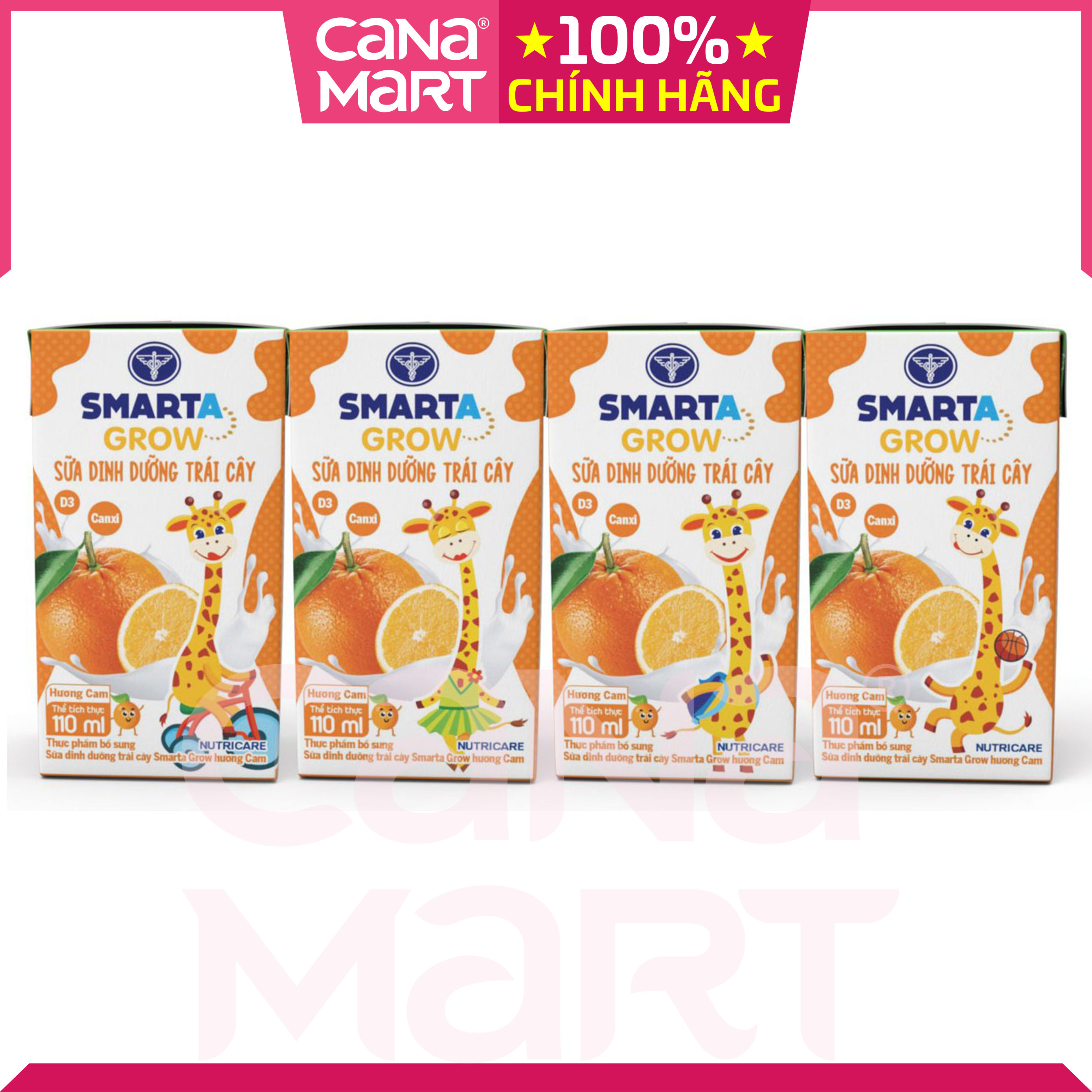 Thùng sữa nước trái cây Smarta Grow (vị cam) giúp trẻ tăng trưởng chiều cao, phát triển não bộ, dinh dưỡng cho trẻ thấp còi (48 hộp x 110ml)