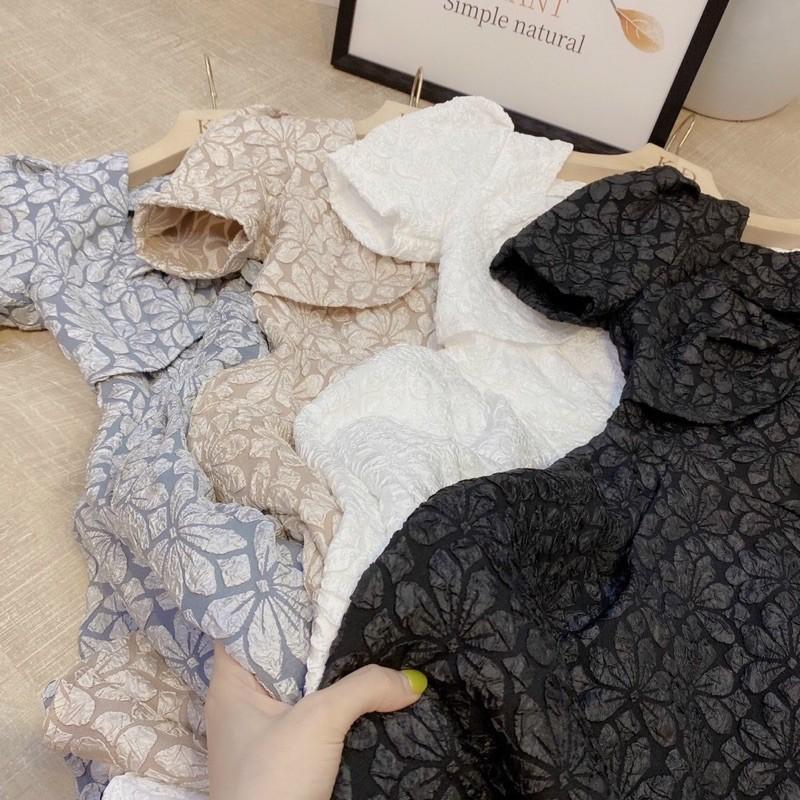 Váy đầm gấm vân nổi xoè nơ ngực tiểu thư uzzlang dự tiệc