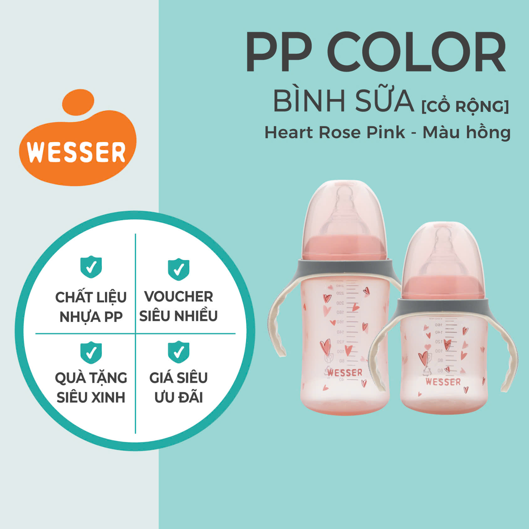 Bình sữa CỔ RỘNG PP COLOR Wesser 180ml/260ml
