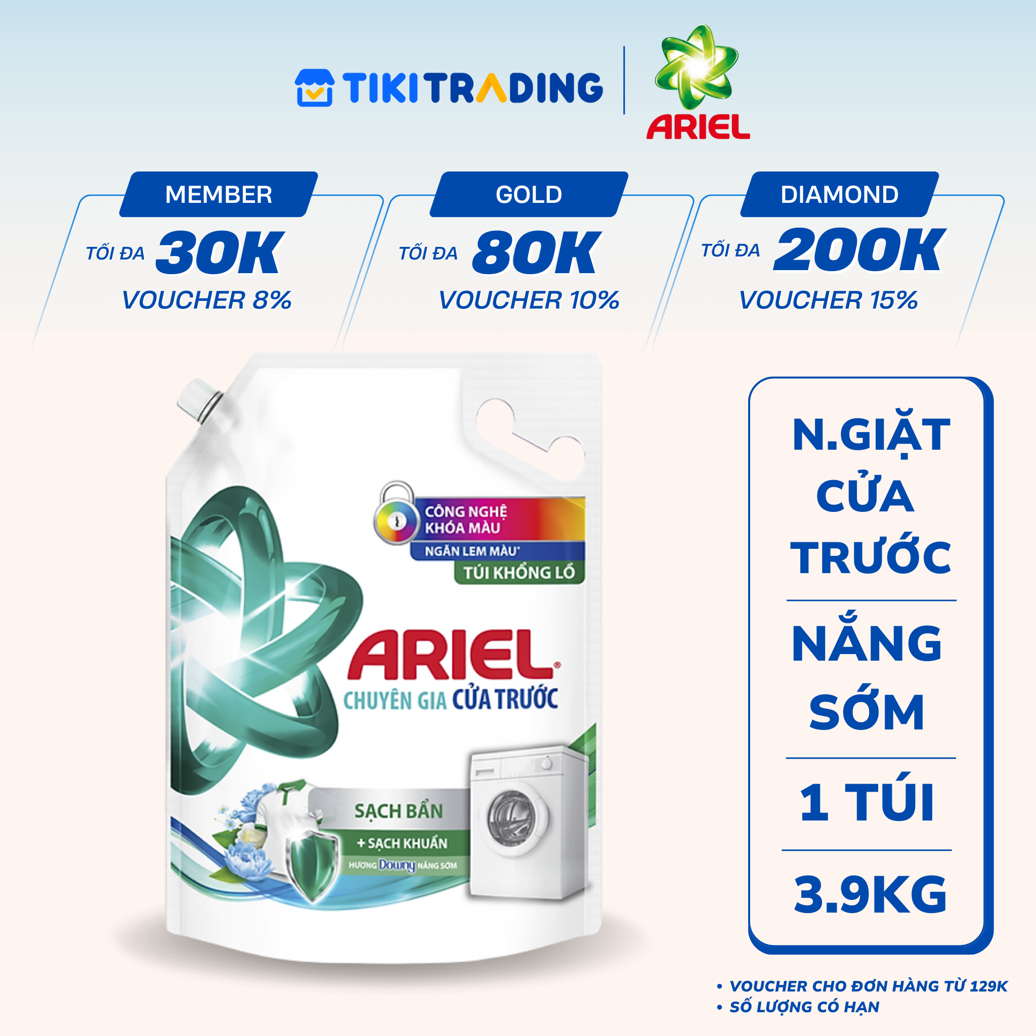 Nước Giặt ARIEL Cửa Trước Hương Downy Nắng Sớm Túi 3.9 KG