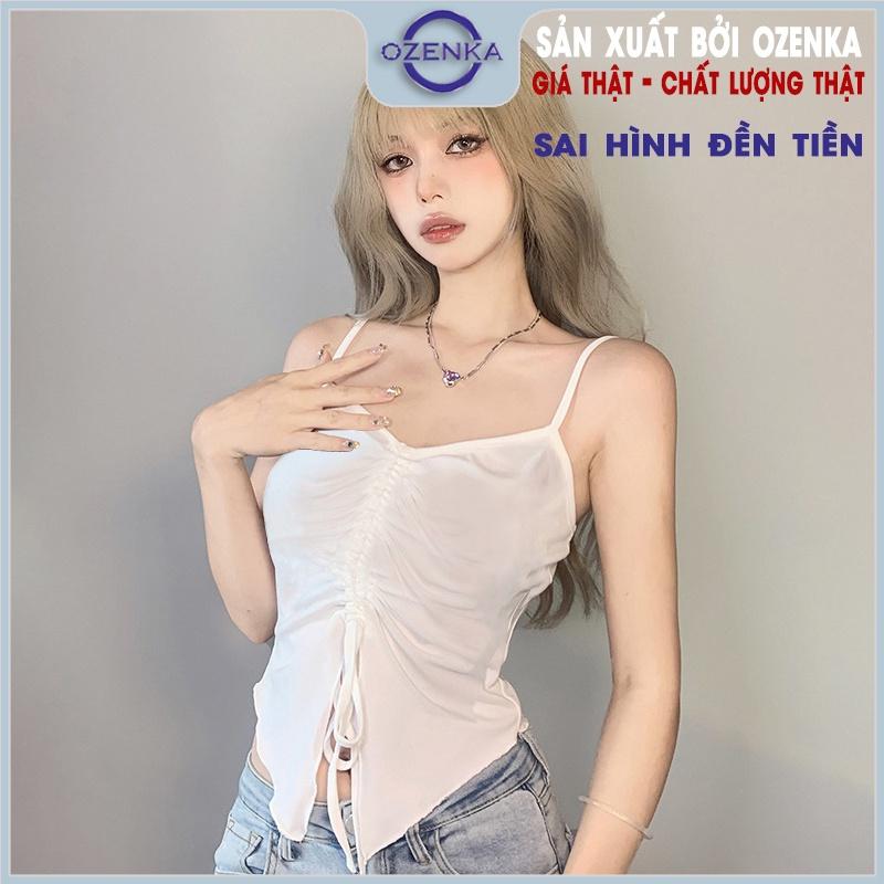 Set áo croptop cộc tay áo 2 dây rút dây sẻ giữa gợi cảm OZENKA , áo crt kiểu ôm body mix màu đen trắng size dưới 52 kg