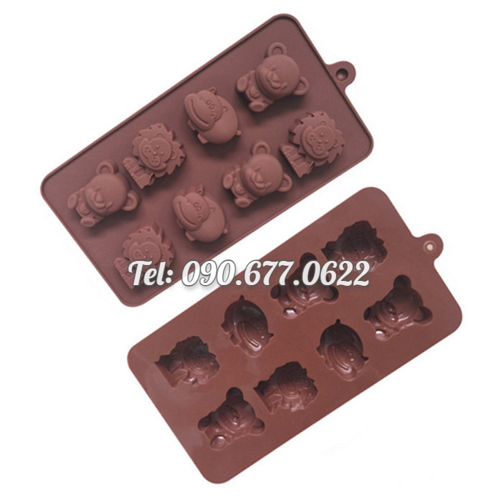 Khuôn silicone làm bánh, rau câu, socola 8 con hà mã, sư tử, gấu – Mã số 1435