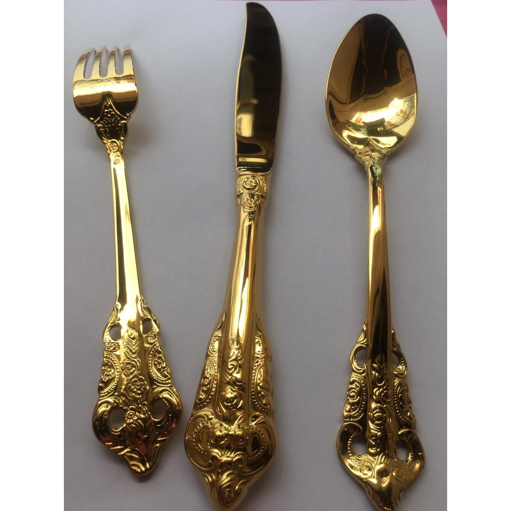 Bộ muỗng nĩa dao 3 món loại lớn inox xi mạ vàng sang trọng
