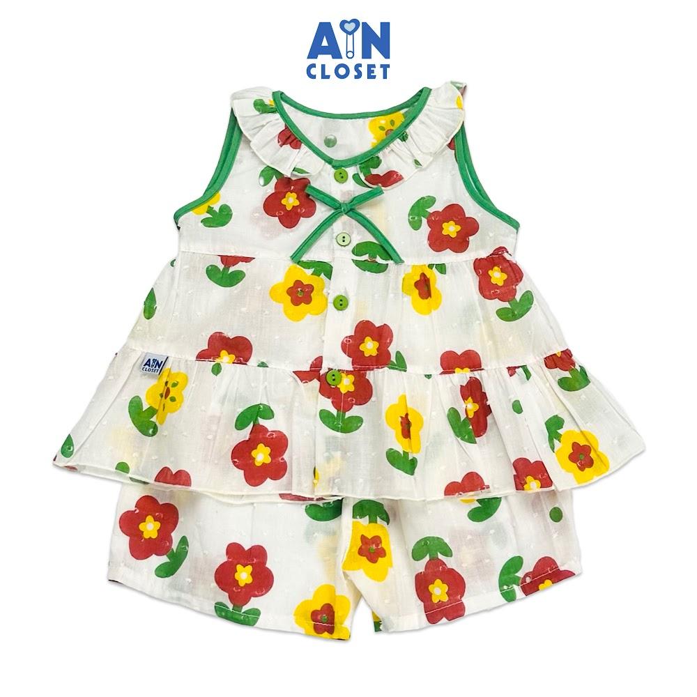 Bộ quần áo ngắn bé gái họa tiết Hoa Nâu viền xanh hạt cotton - AICDBGSMA9CJ - AIN Closet