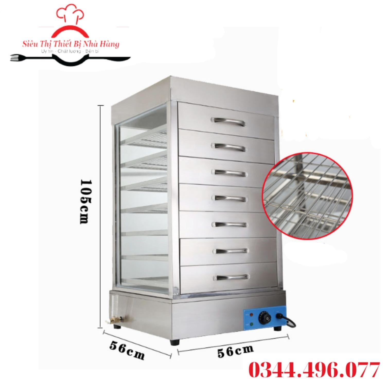 Tủ hấp nóng và trưng bày bánh bao dùng điện loại 7 tầng inox chắc chắn, không bị hấp hơi , đọng nước