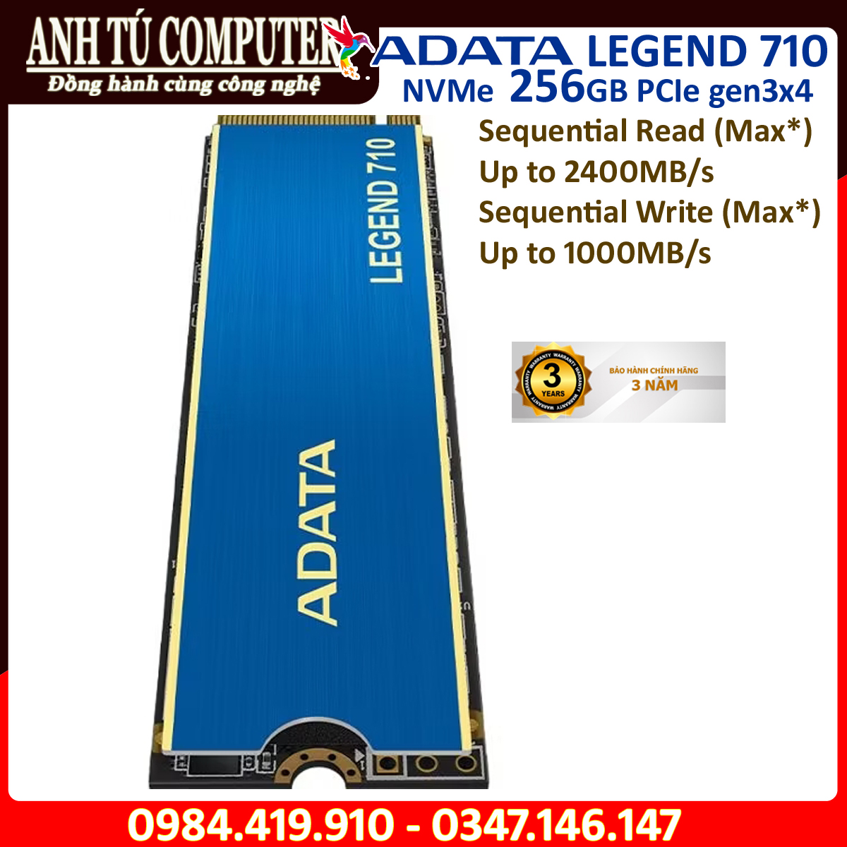 Ổ cứng SSD MVMe ADATA LEGEND 710 256GB PCIe Gen3x4 M.2 2280 hàng chính hãng