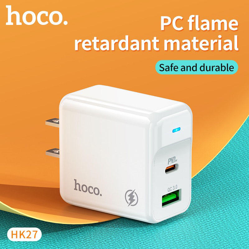 Cốc sạc PD20W Hoco HK27 chân dẹt cổng USB và Type-C , QC3.0 chất liệu chống cháy cao cấp - Hàng chính hãng