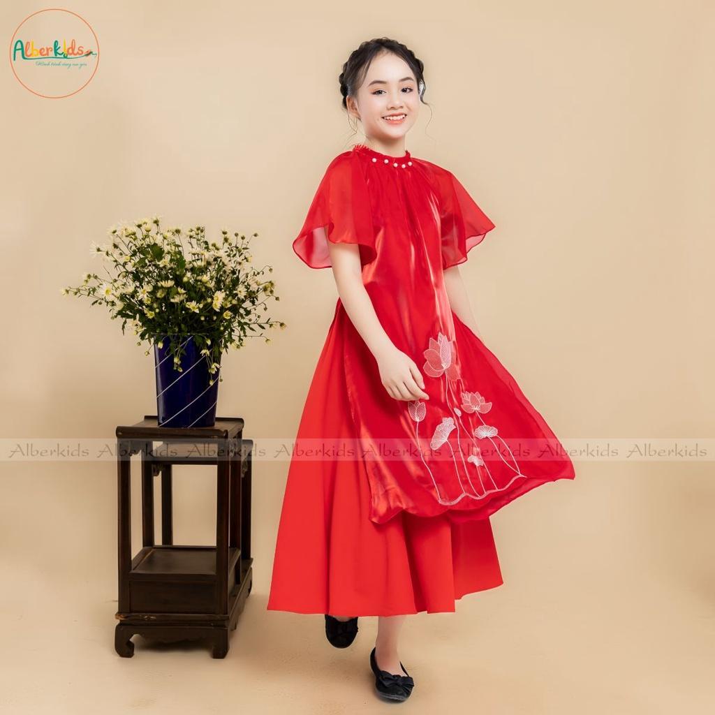 Áo dài thêu hoa sen phối chân váy ALBERKIDS ĐỎ cho mẹ và bé gái cho trẻ em 4,5,6,7,8,9,10,11,12,13,14,15 tuổi AD02