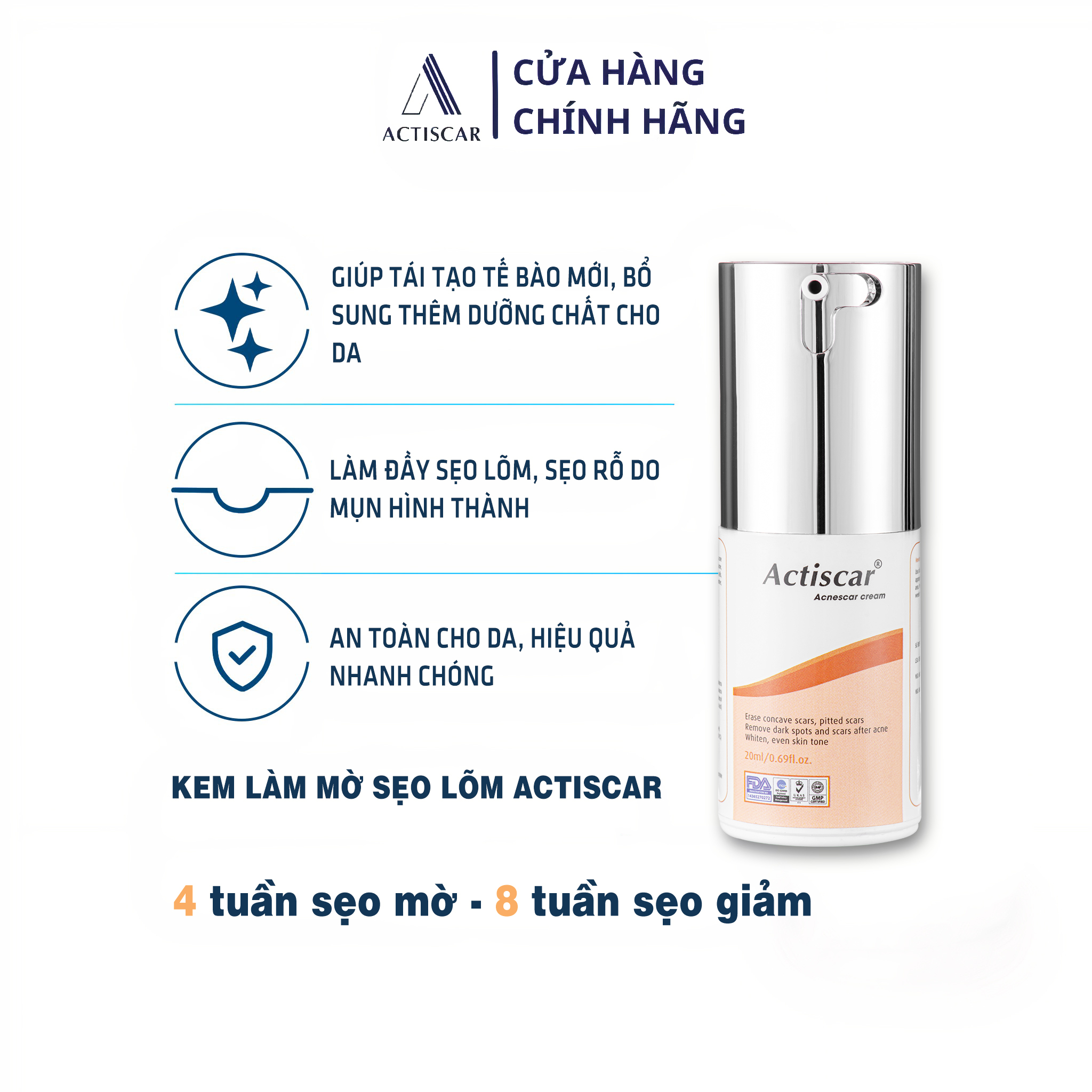 Kem Xóa Sẹo Lõm, Sẹo Rỗ Actiscar 20ml hỗ trợ làm mờ sẹo rỗ, lấp đầy sẹo lõm