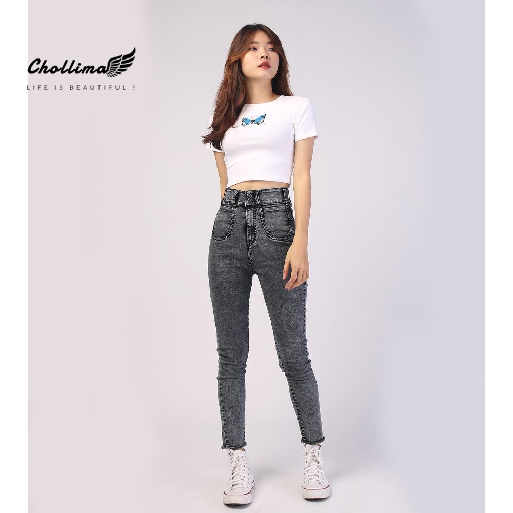 Quần dài jeans nữ co giãn Chollima cạp siêu cao khoét 2 túi màu xám QD006 – quần bò nữ