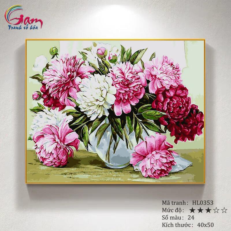 Tranh sơn dầu số hoá tự tô - Mã HL0353 - Hoa mẫu đơn 40x50cm có khung