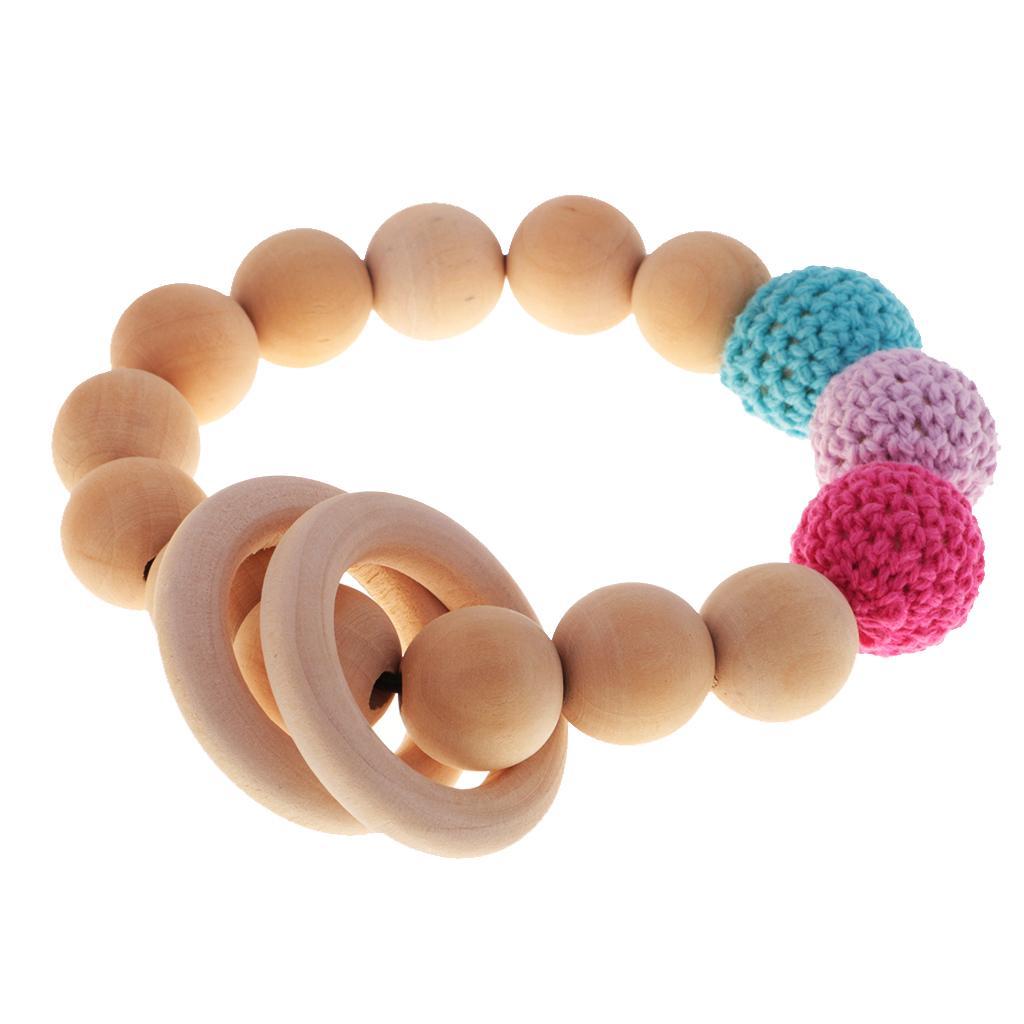 Bright Color Wood Crochet Beads Ring Bangle Teether Toddler Grasping Nursing Toy Safe Organic Infant Baby Bangle